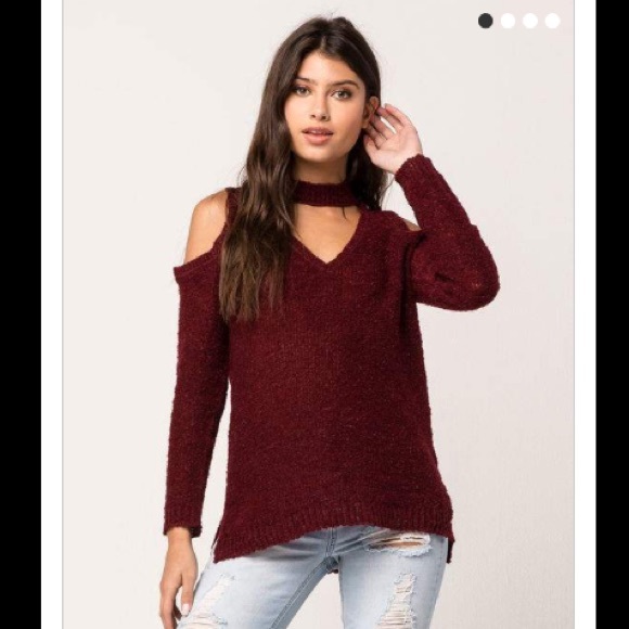 Tilly's Tops - Cold Shoulder Women’s Choker Sweater